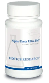 Alpha-Theta Ultra PM dietary supplement bottle with Biotics Research label, 60 capsules