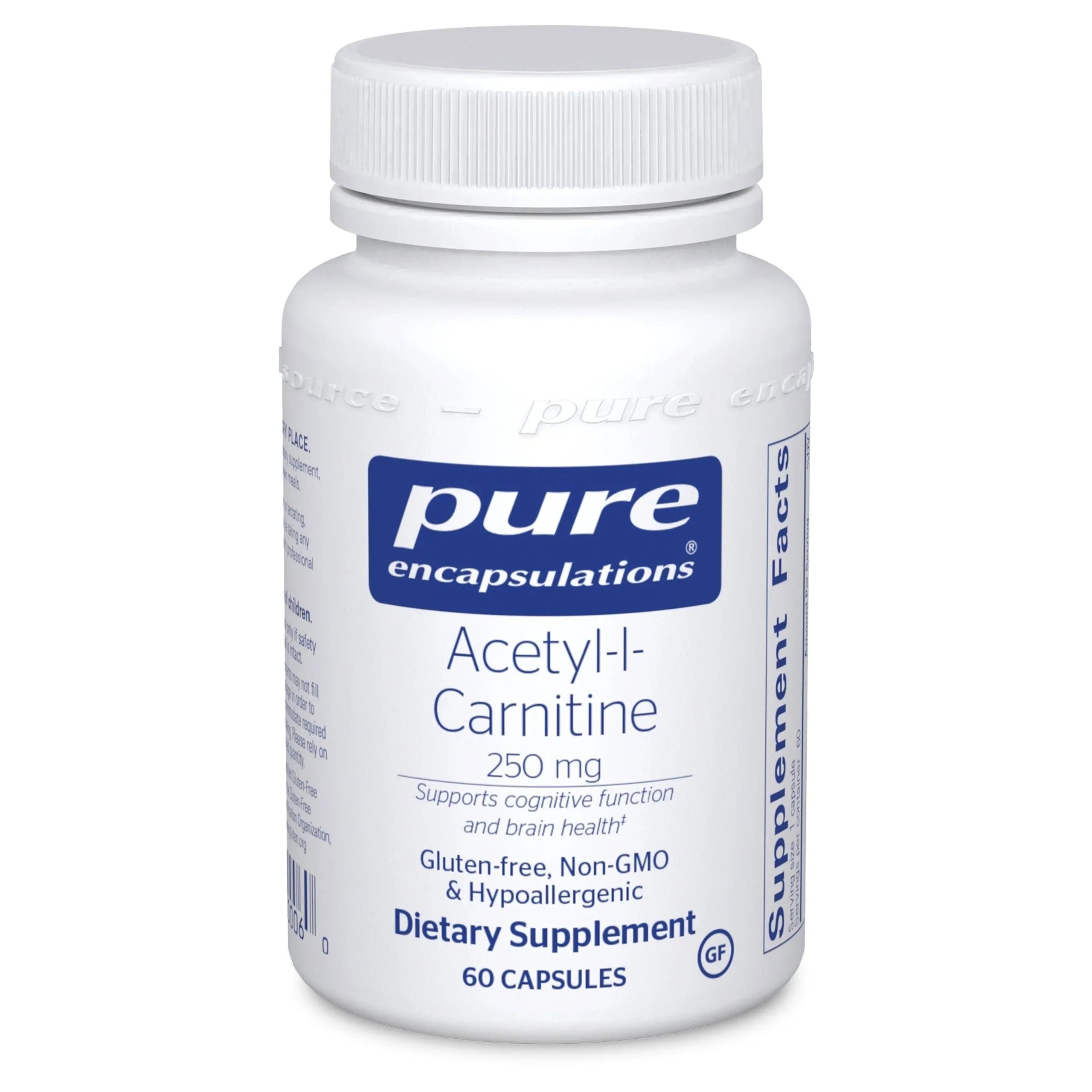 Acetyl-L-Carnitine 250mg dietary supplement bottle, 60 capsules, gluten-free, non-GMO