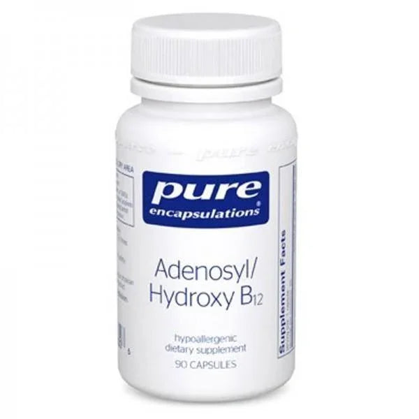Adenosyl Hydroxy B12 dietary supplement bottle with blue and white label, 90 capsules