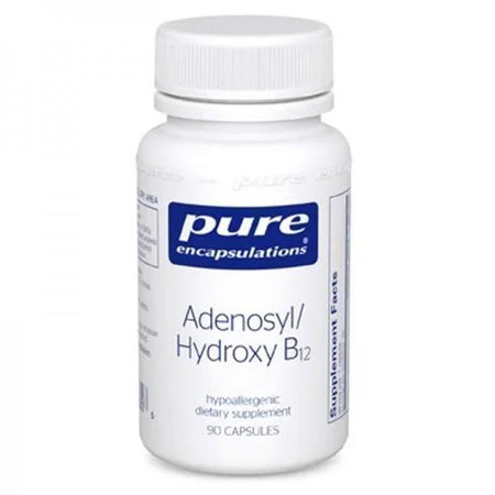 Adenosyl Hydroxy B12 dietary supplement bottle with blue and white label, 90 capsules