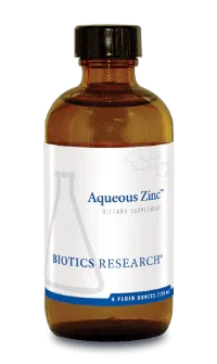 Aqueous Zinc dietary supplement bottle with white and blue label, 4 fluid ounces