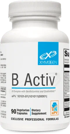 B Activ dietary supplement bottle with 90 vegetarian capsules, B complex formula visible.
