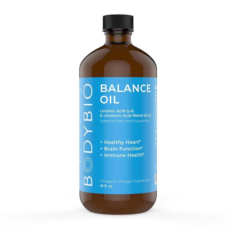 BodyBio Balance Oil supplement bottle with blue label, omega 6 and omega 3 blend, 16 fl oz