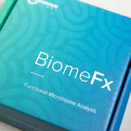 BiomeFx functional microbiome analysis test kit with teal packaging