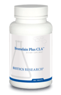 Bromelain Plus CLA dietary supplement bottle with Biotics Research label, 100 tablets