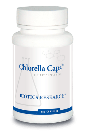 Chlorella Caps dietary supplement bottle with 180 capsules, white and blue label