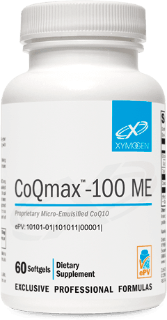 CoQmax-100 ME bottle with 60 softgels, dietary supplement for CoQ10 support