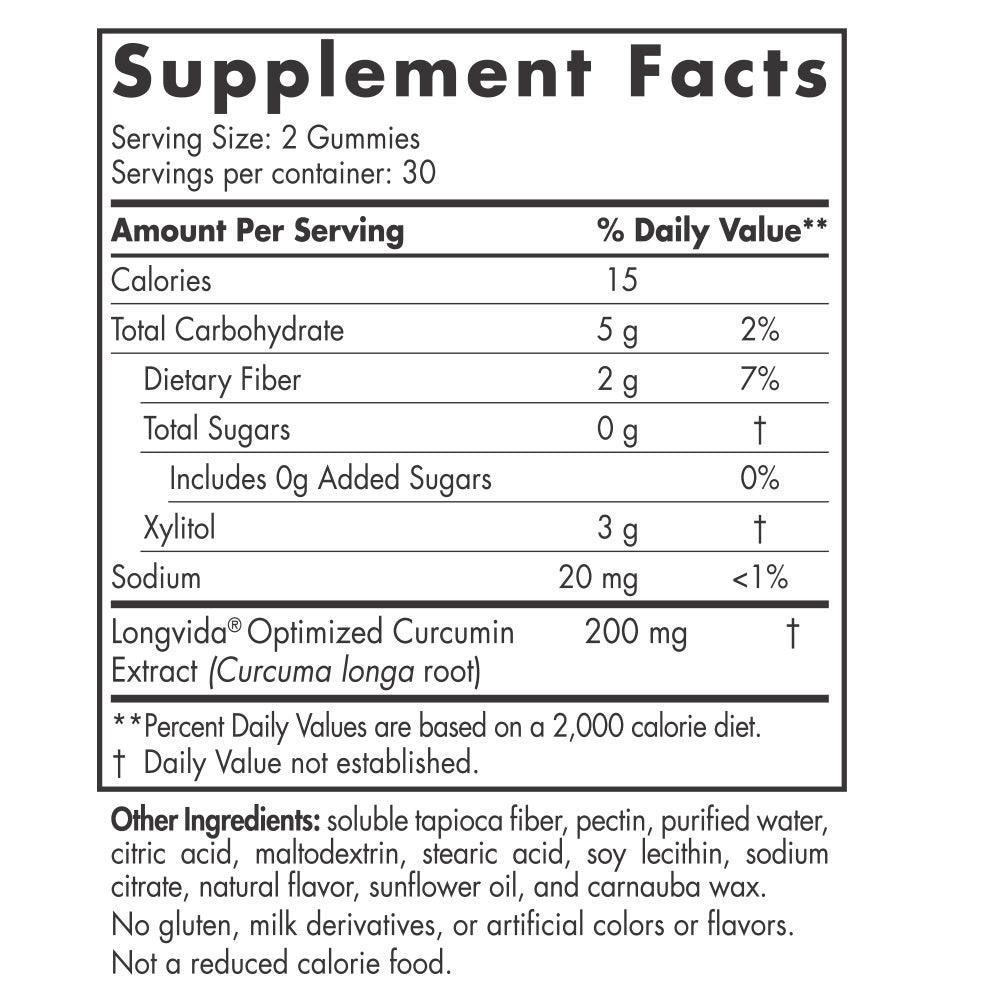 Curcumin gummies supplement facts label showing nutrition and ingredient details.