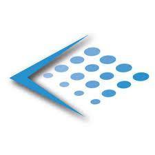Blue and white abstract arrow logo with gradient circular dots, lab test symbol