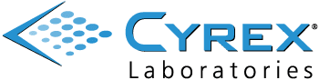 Cyrex Laboratories logo with blue geometric icon and modern font
