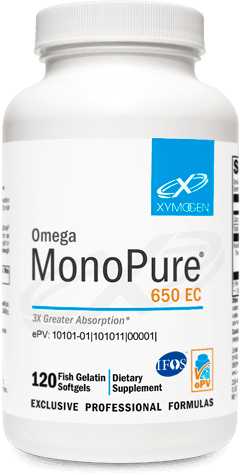 Omega MonoPure 650 EC dietary supplement bottle with 120 fish gelatin softgels