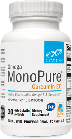 Bottle of Omega MonoPure Curcumin EC supplement with 30 fish gelatin softgels