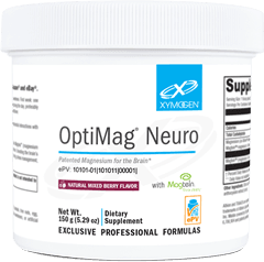 OptiMag Neuro 150g dietary supplement container, labeled natural mixed berry flavor