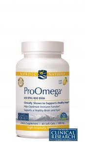 ProOmega supplement bottle with omega-3, EPA, DHA, and clinical research label