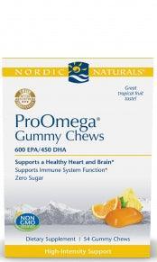 ProOmega Gummy Chews supplement box with citrus fruit and product benefits listed on front.
