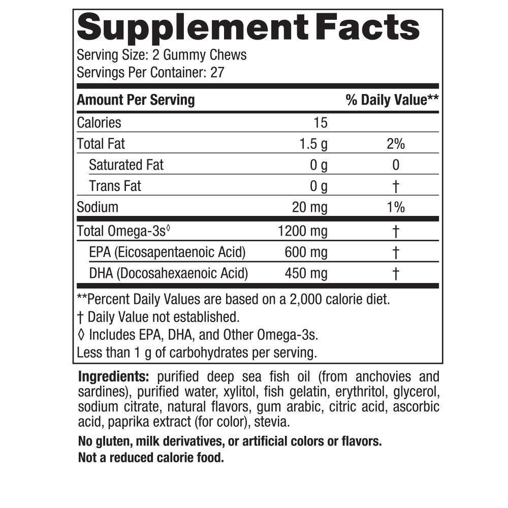 Supplement facts label for Omega-3 gummy chews with EPA and DHA details and ingredients.