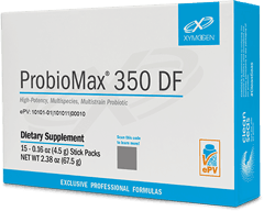 Box of ProbioMax 350 DF dietary supplement 15 stick packs, probiotic formula