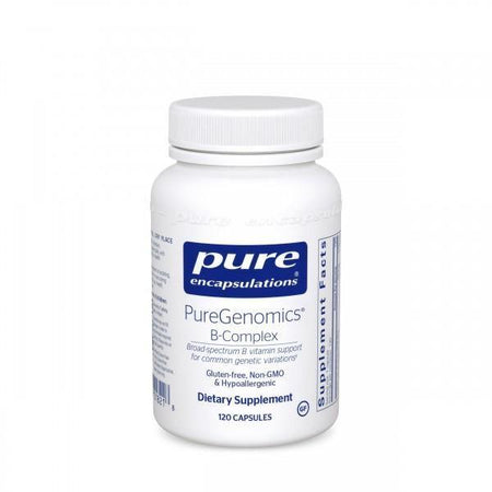 PureGenomics B-Complex dietary supplement bottle with 120 capsules, front label visible