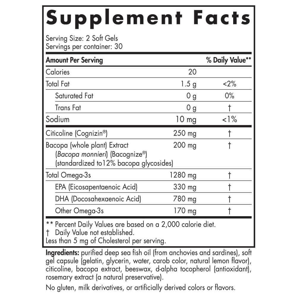Omega-3 fish oil supplement facts label with citicoline, bacopa extract, and ingredient details.