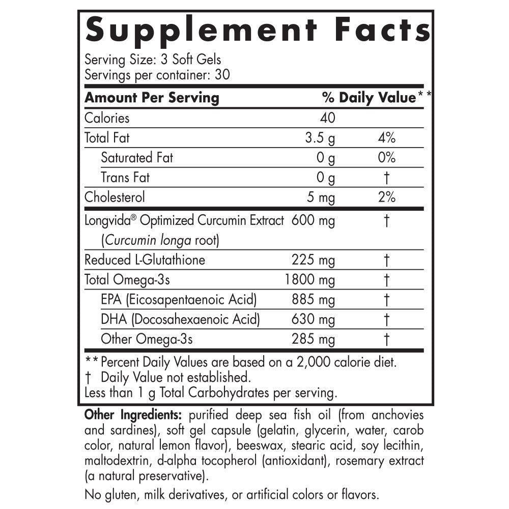 Supplement Facts label for soft gel with omega-3, curcumin, glutathione, no artificial additives.