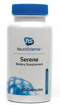 NeuroScience Serene dietary supplement bottle, 60 capsules, serotonin GABA support.
