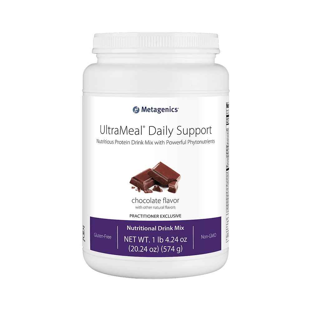 UltraMeal Daily Support chocolate flavor nutritional drink mix container with chocolate pieces