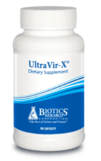 UltraVir-X dietary supplement bottle with blue label, Biotics Research, health support capsules