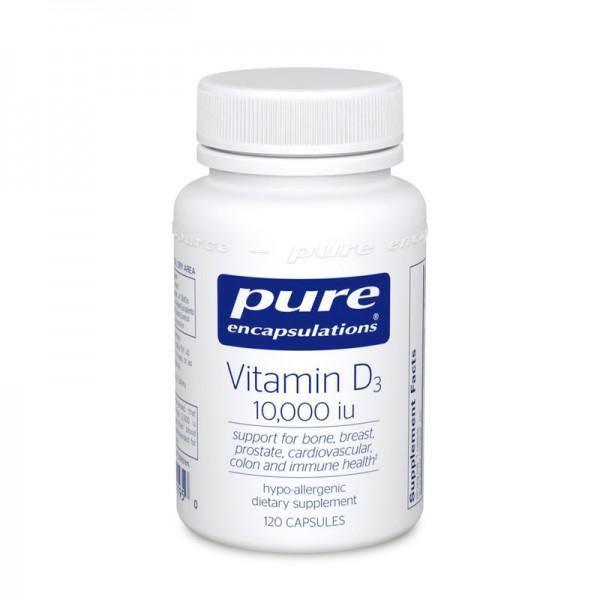 Pure Encapsulations Vitamin D3 10,000 IU supplement bottle, 120 capsules, front label view