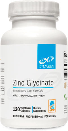 Zinc Glycinate bottle with 120 vegetarian capsules, dietary supplement label visible.