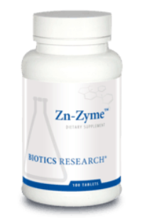 Biotics Research Zn-Zyme zinc supplement bottle with white label, 100 tablets