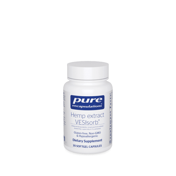 Pure Encapsulations Hemp Extract VESIsorb dietary supplement bottle, 30 softgel capsules