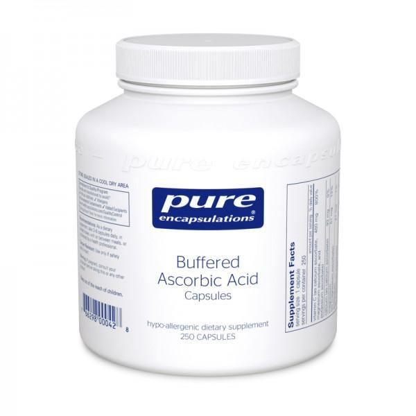 Buffered ascorbic acid capsules dietary supplement bottle, 250 count.