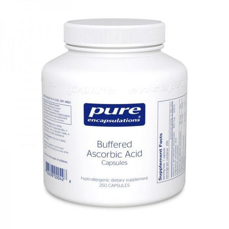 Buffered ascorbic acid capsules dietary supplement bottle, 250 count.