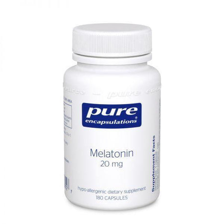 Pure Encapsulations Melatonin 20 mg supplement bottle, 180 capsules, white background