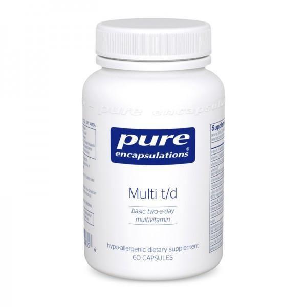 Pure Encapsulations Multi t/d multivitamin supplement bottle with 60 capsules