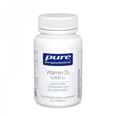 Pure Encapsulations Vitamin D3 5000 IU supplement bottle, 120 capsules, white label