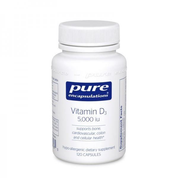 Pure Encapsulations Vitamin D3 5000 IU supplement bottle, 120 capsules, white label