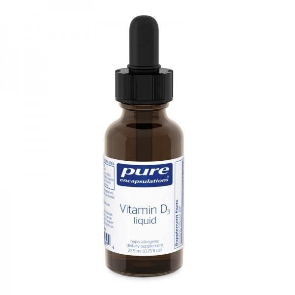 Vitamin D3 liquid supplement in amber dropper bottle with white and blue label