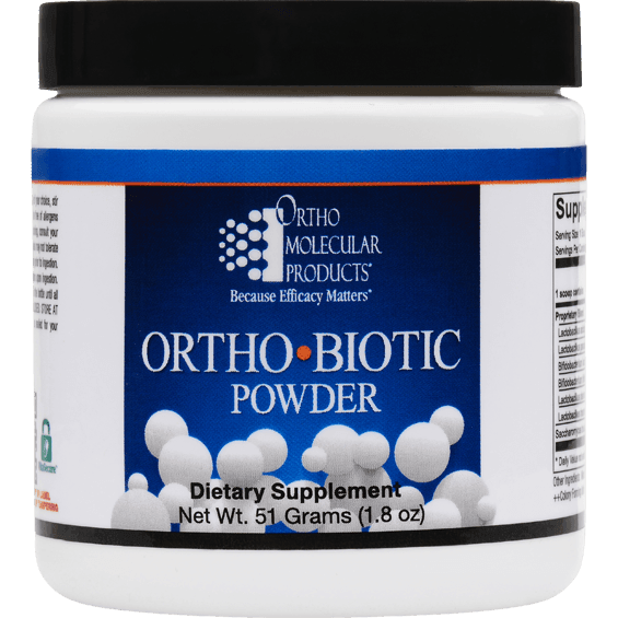 Ortho-Biotic Powder dietary supplement container with blue label, 51 grams