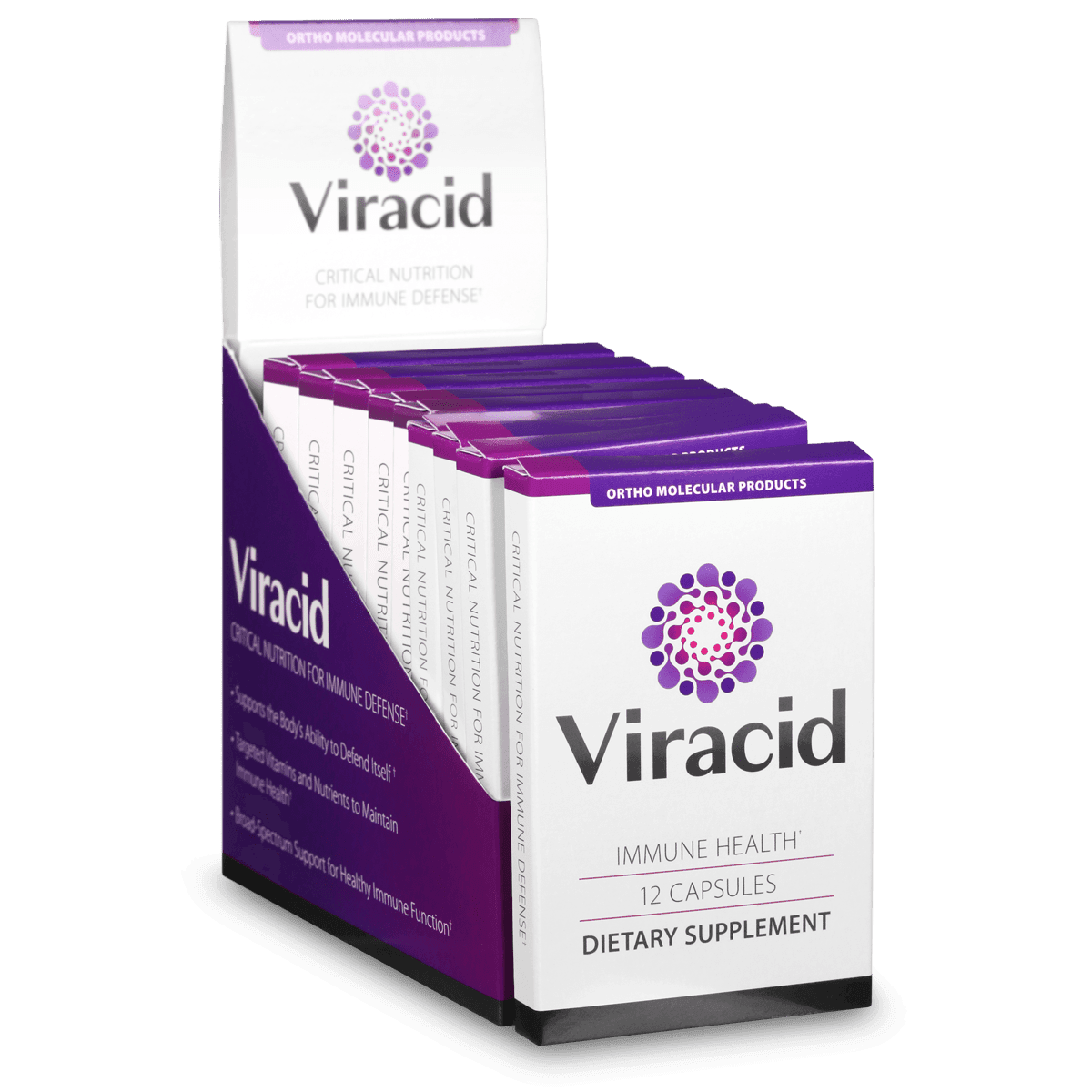 Viracid immune health dietary supplement box display with 12 capsules per package