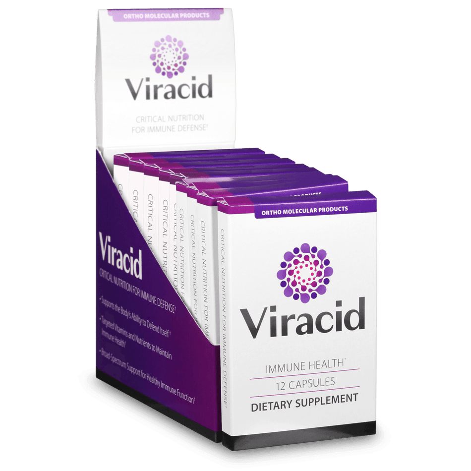 Viracid immune health dietary supplement box display with 12 capsules per package